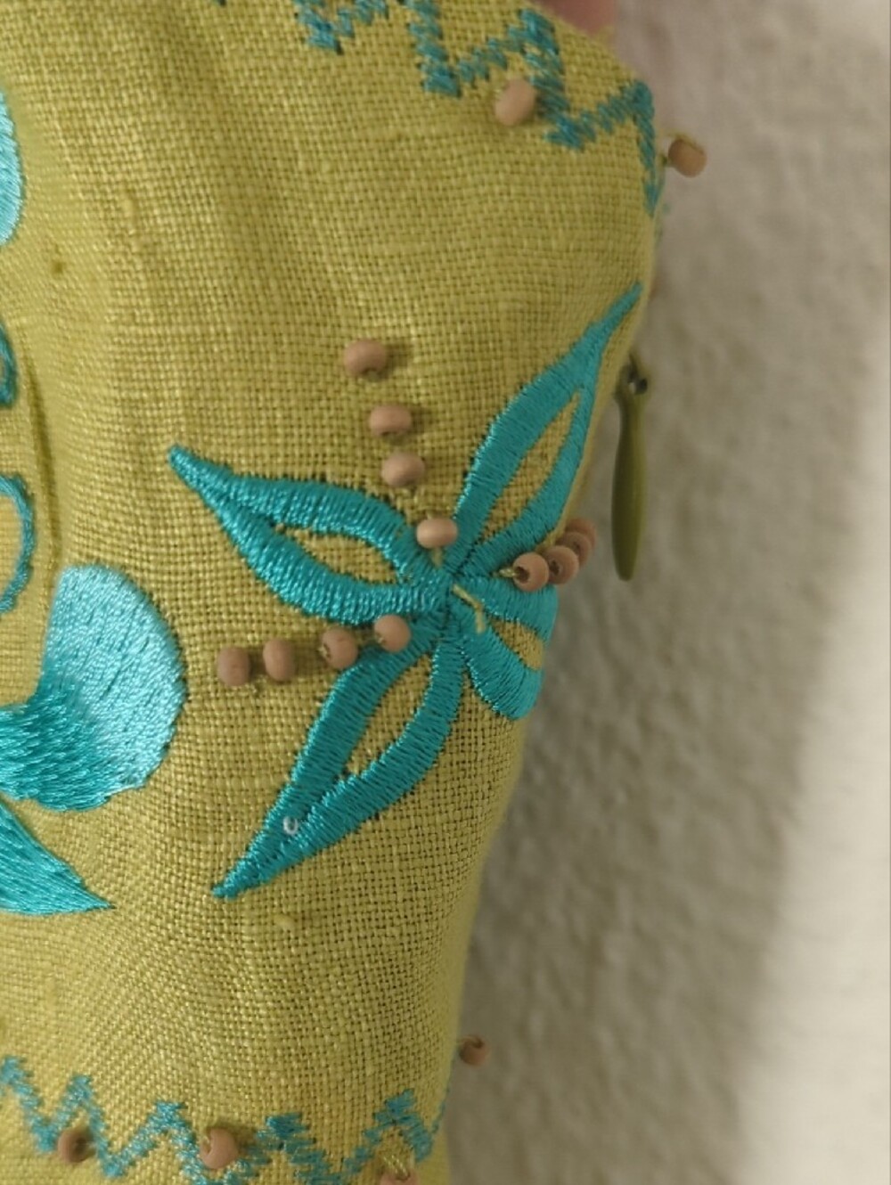 Y2K Sue Wong Linen Spaghetti Strap Dress with Floral Embroidery & Wood Beads - Picture 6 of 17